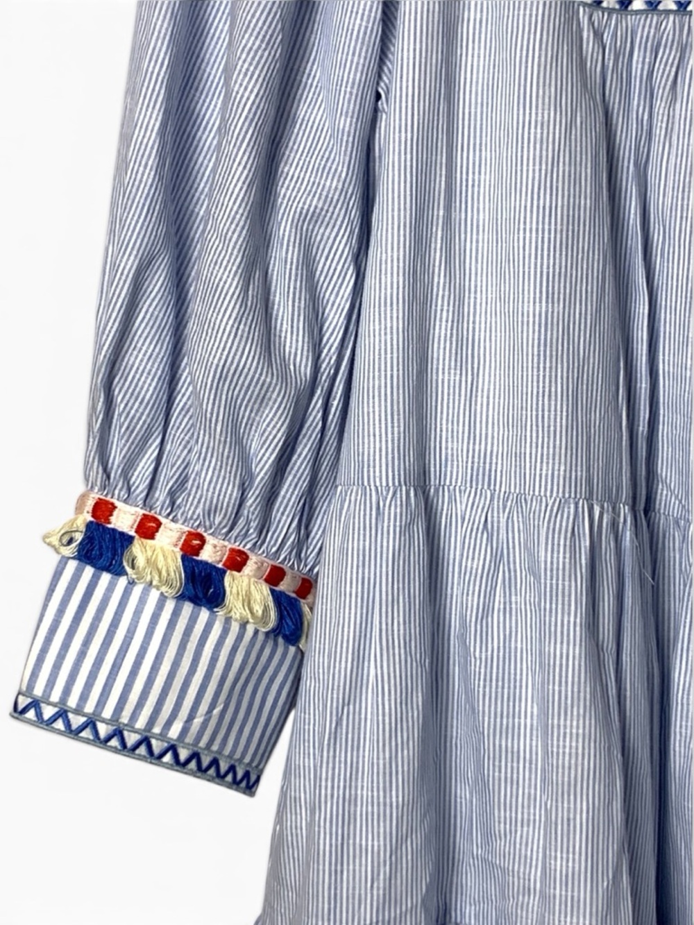 Tuckernuck Jen Dress XL NWT Chambray Blue Stripe Fringe Tassel Cotton Tiered - Picture 13 of 16